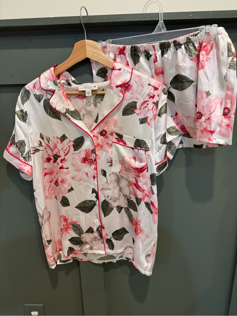 In Bloom by Jonquil Floral Satin PJ Set with Pink Trim